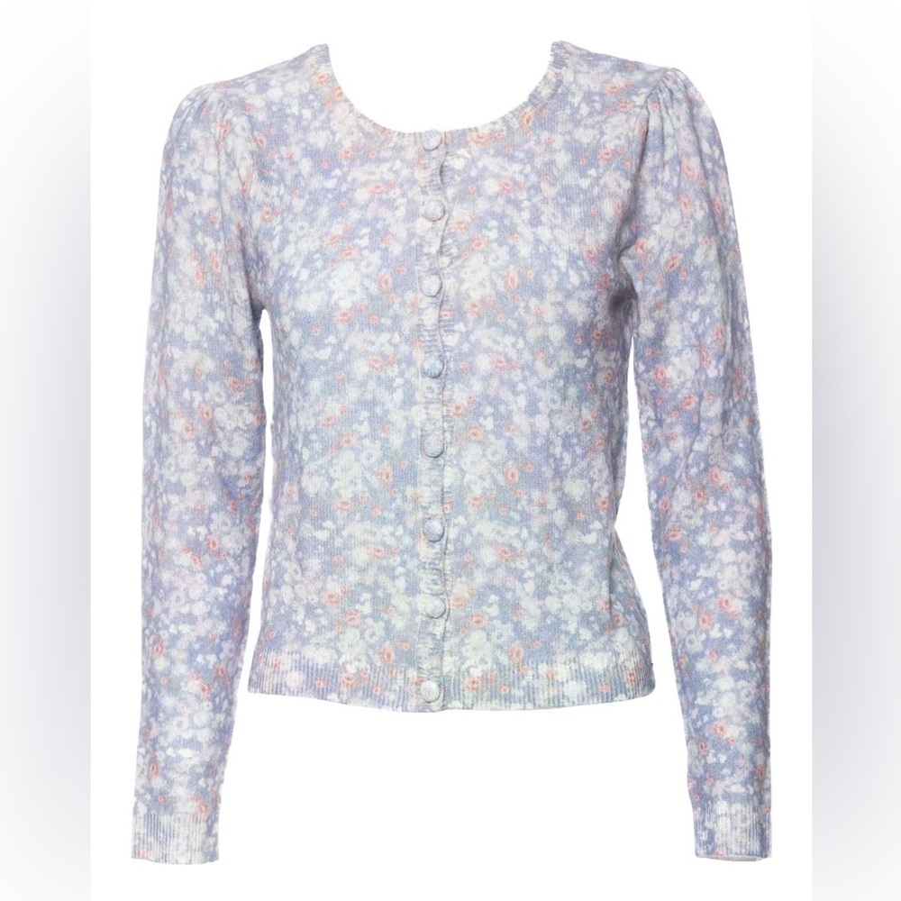 LoveShackFancy Size XS Simona Light Blue Floral Wool Cashmere Cardigan